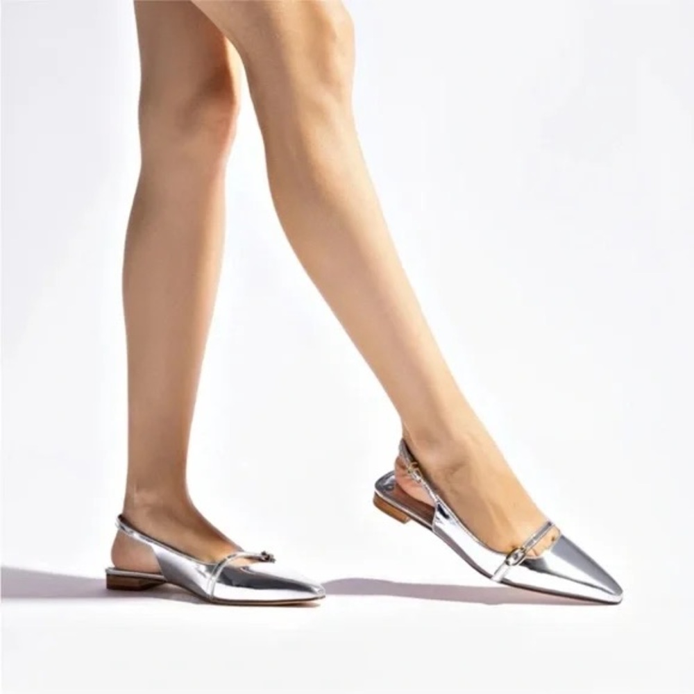 Larroude Metallic Silver Slingback Flats